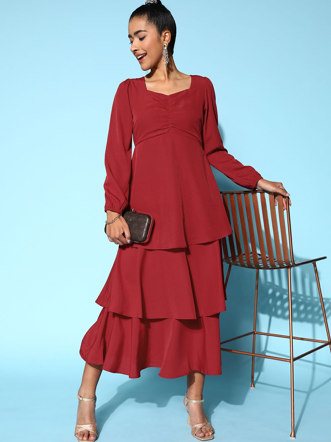 Berrylush Solid Layered Crepe Maxi Dress