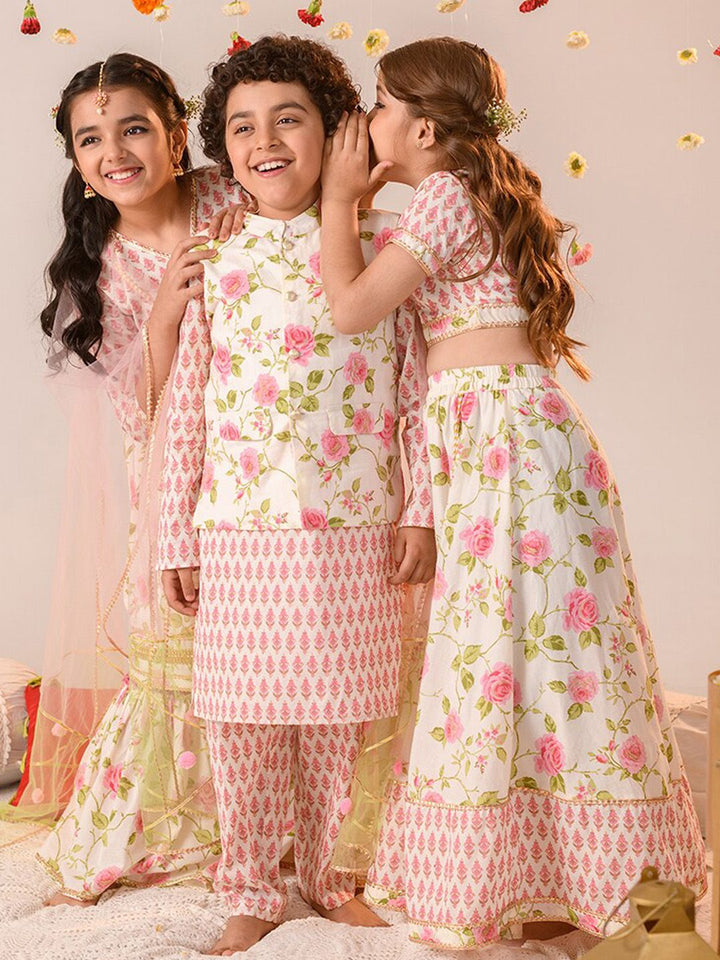 pspeaches Boys Floral Printed Regular Pure Cotton Kurta With Pyjamas And Nehru Jaket