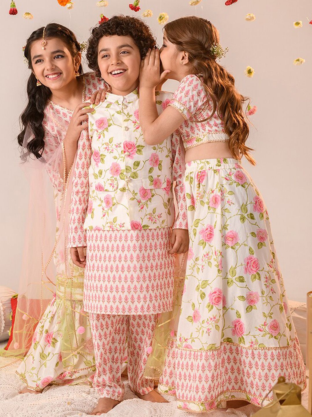 pspeaches Boys Floral Printed Regular Pure Cotton Kurta With Pyjamas And Nehru Jaket