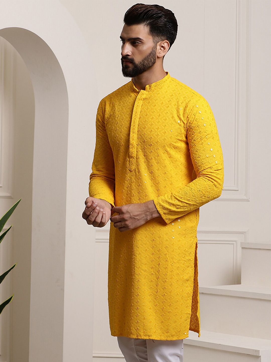 SOJANYA Ethnic Embroidered Sequined Pure Cotton Straight Kurta