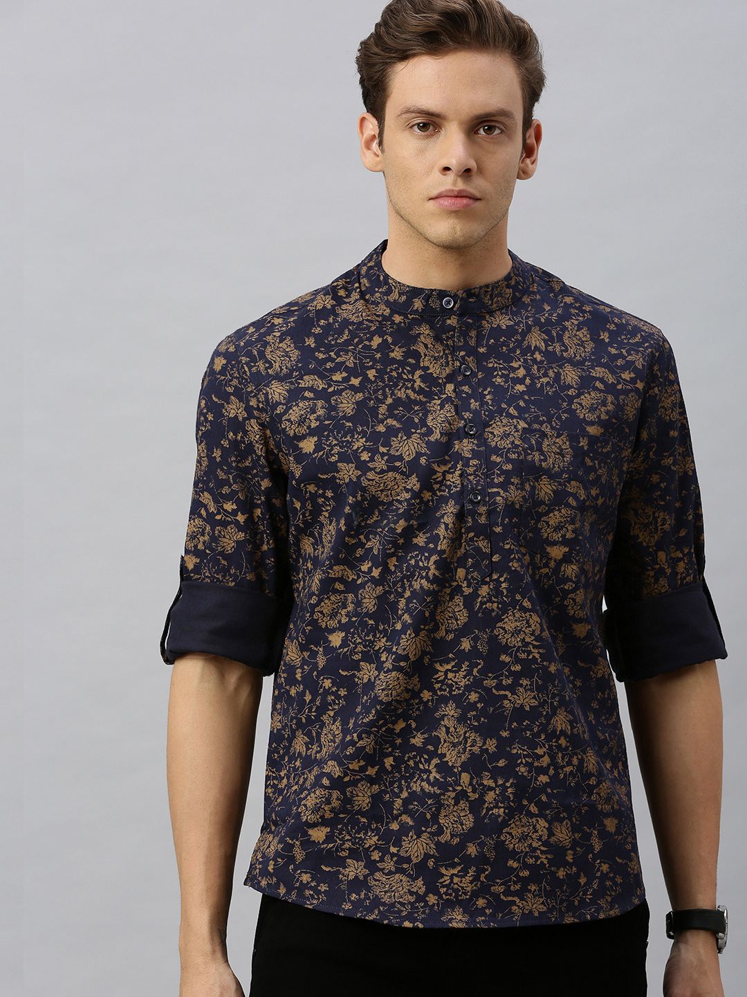 Anouk Men Navy Blue & Beige Floral Dicetak Lurus Pendek Kurta