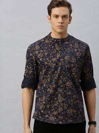 Anouk Men Navy Blue & Beige Floral Printed Straight Short Kurta