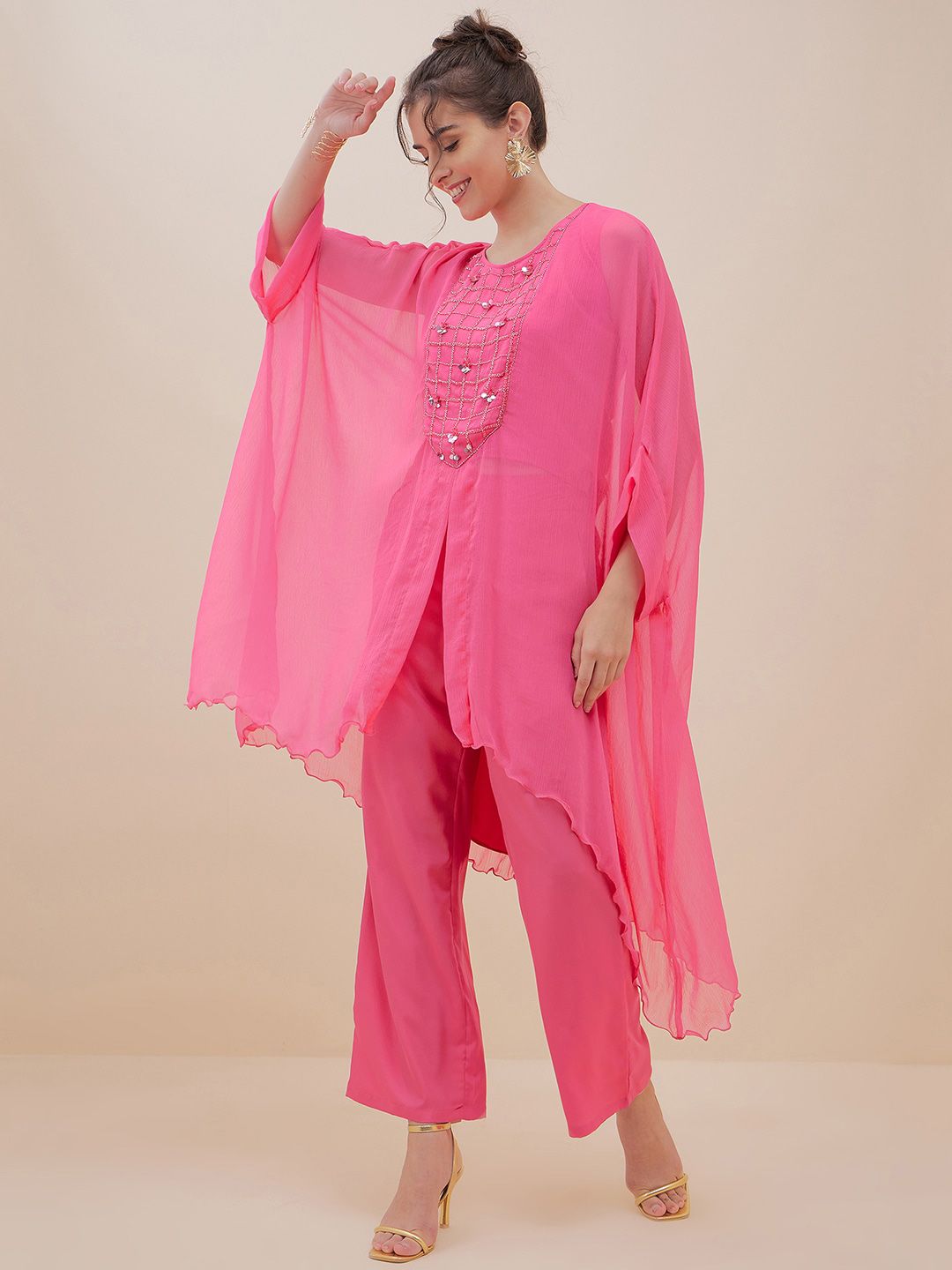 Antheaa Embellished Yoke Design Sequinned Top With Trousers