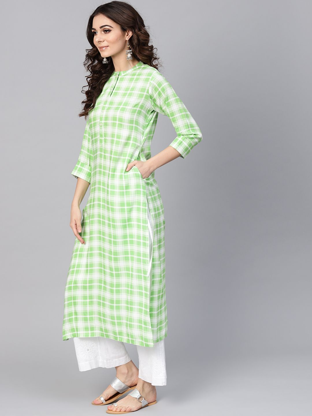 Libas Women Green & White Checked Straight Kurta