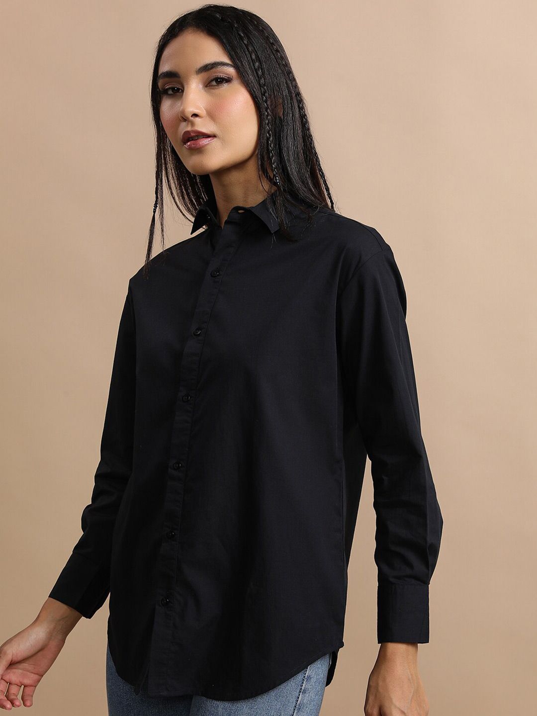 Tokyo Talkies Black Oversized Cotton Casual Shirt