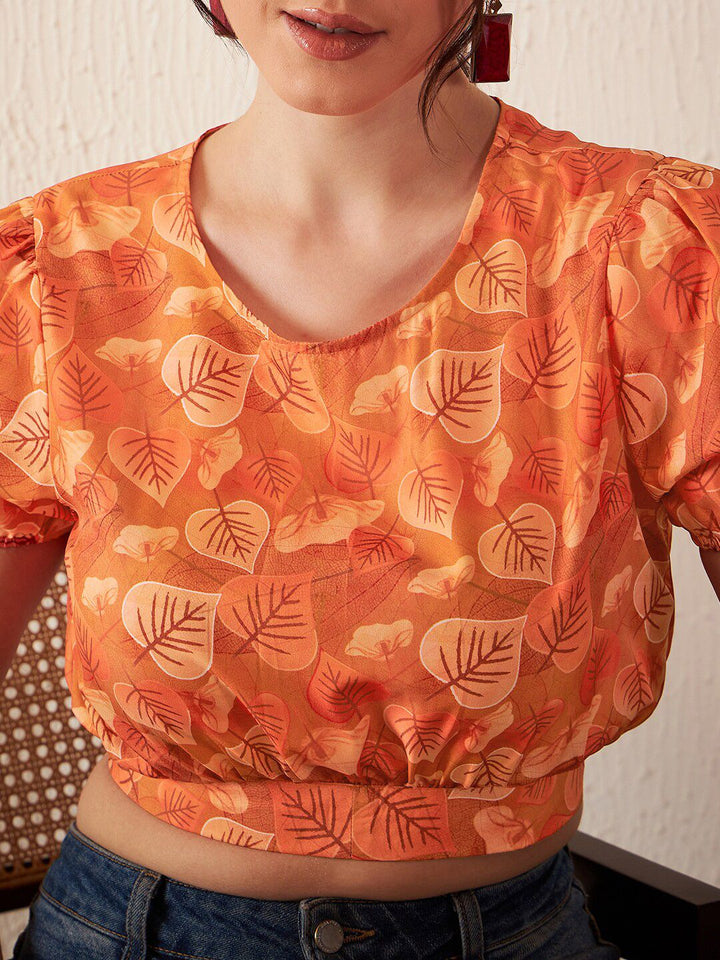 DENNISON Floral Printed Puff Sleeves Blouson Crop Top