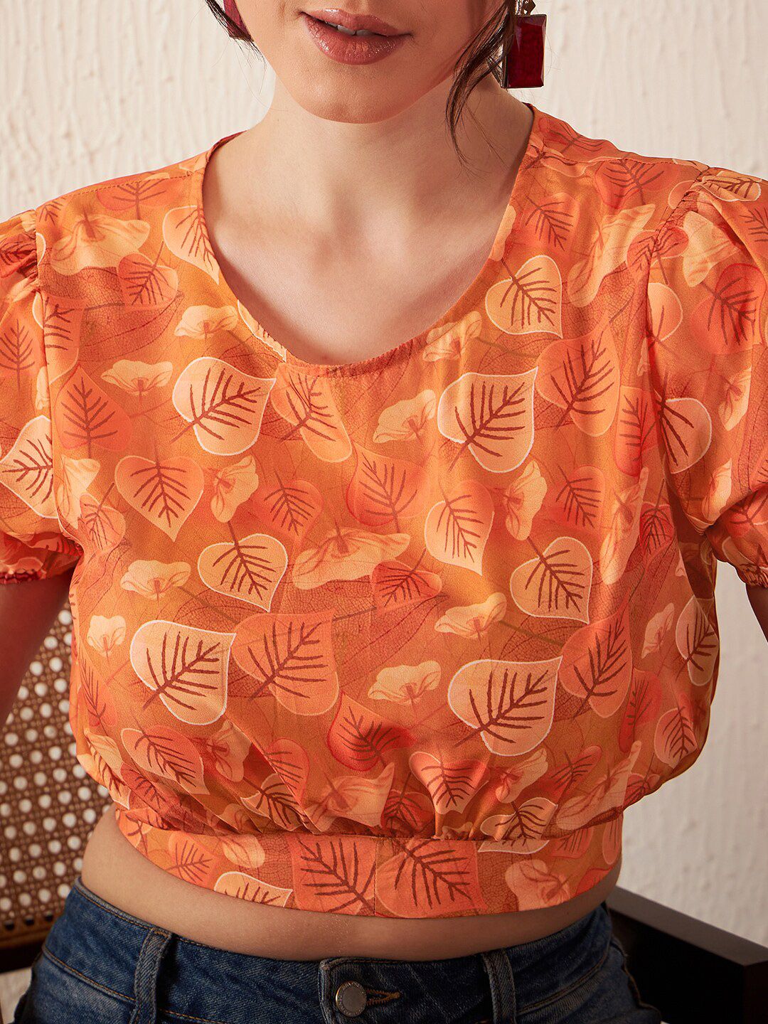 DENNISON Floral Printed Puff Sleeves Blouson Crop Top