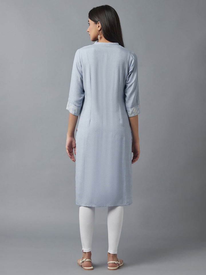 W Women Blue & White Ethnic Motifs Printed Thread Work Kurta