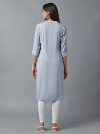 W Women Blue & White Ethnic Motifs Printed Thread Work Kurta