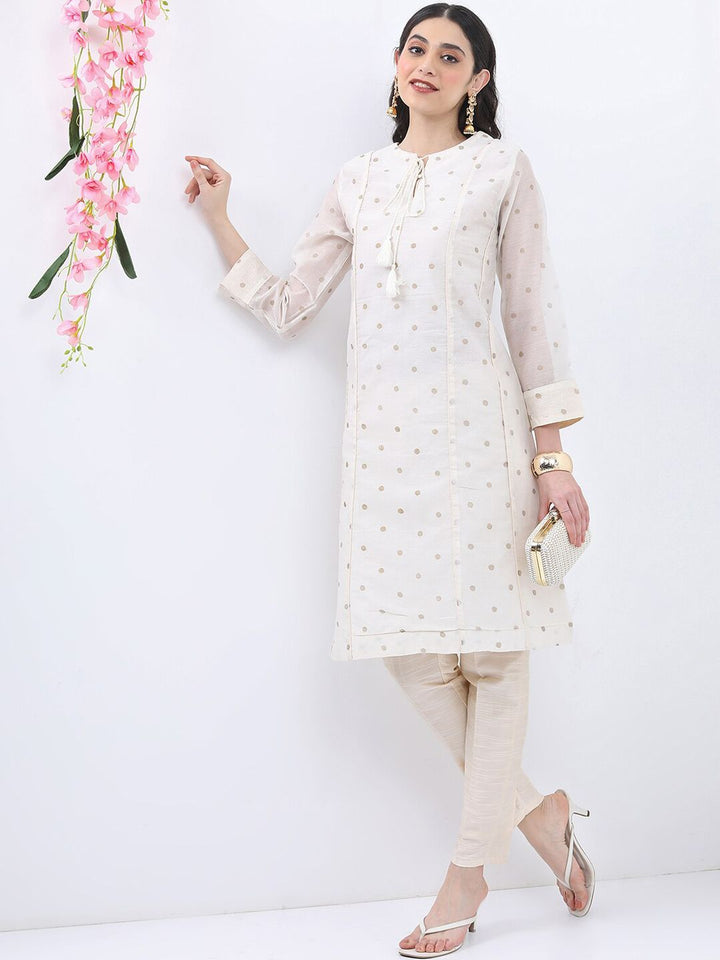Vishudh Polka Dots Printed Tie-Up Neck Regular Kurta With Trousers