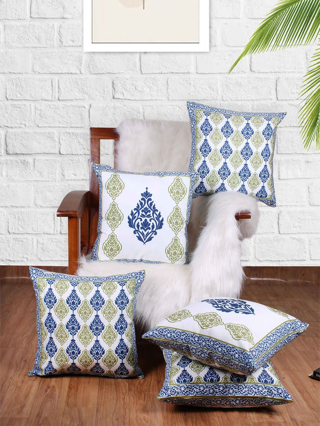 STITCHNEST Blue & White 5 Pieces Ethnic Motifs Square Cushion Covers