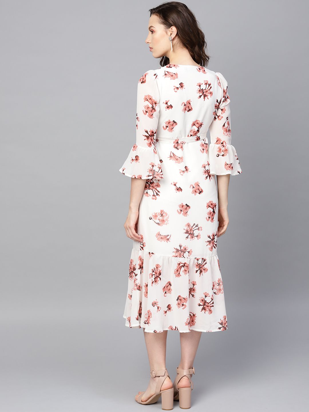 SASSAFRAS White & Pink Floral Print Wrap Dress