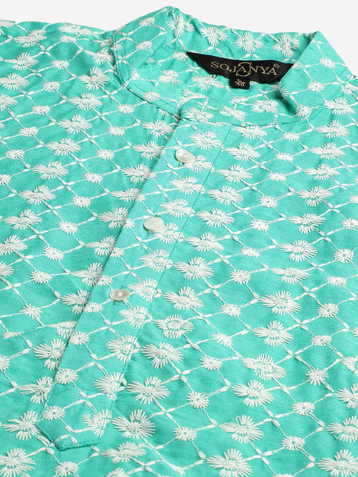 SOJANYA Set Kurta Sulam Lelaki Motif Etnik Biru Dengan Jaket Nehru
