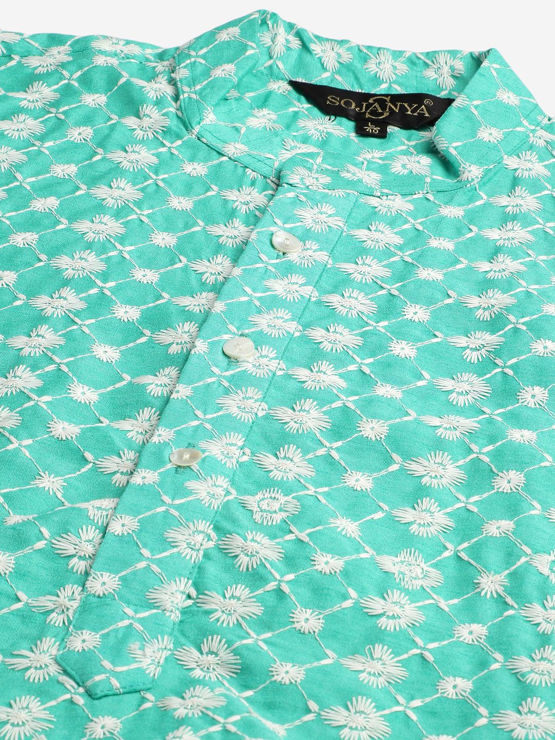 SOJANYA Set Kurta Sulam Lelaki Motif Etnik Biru Dengan Jaket Nehru