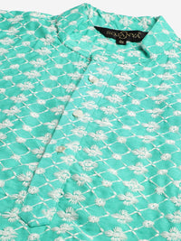 SOJANYA Set Kurta Sulam Lelaki Motif Etnik Biru Dengan Jaket Nehru