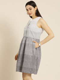 ether Kora Collection Women White & Grey Striped Handloom Sustainable A-line Dress