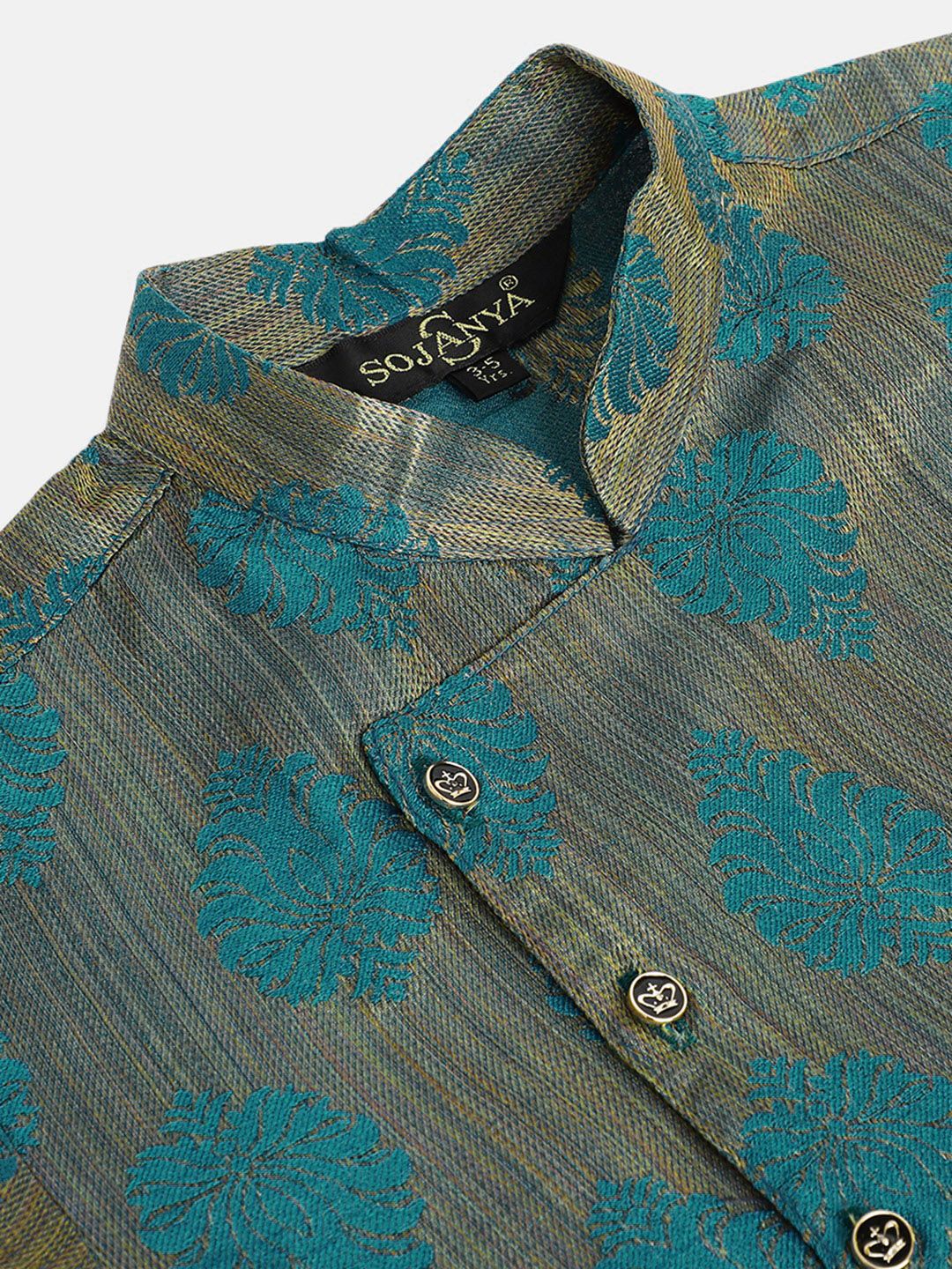 SOJANYA Boys Taupe & Teal Blue Tenunan Rekaan Jacquard Anyaman Kolar Mandarin Kurta