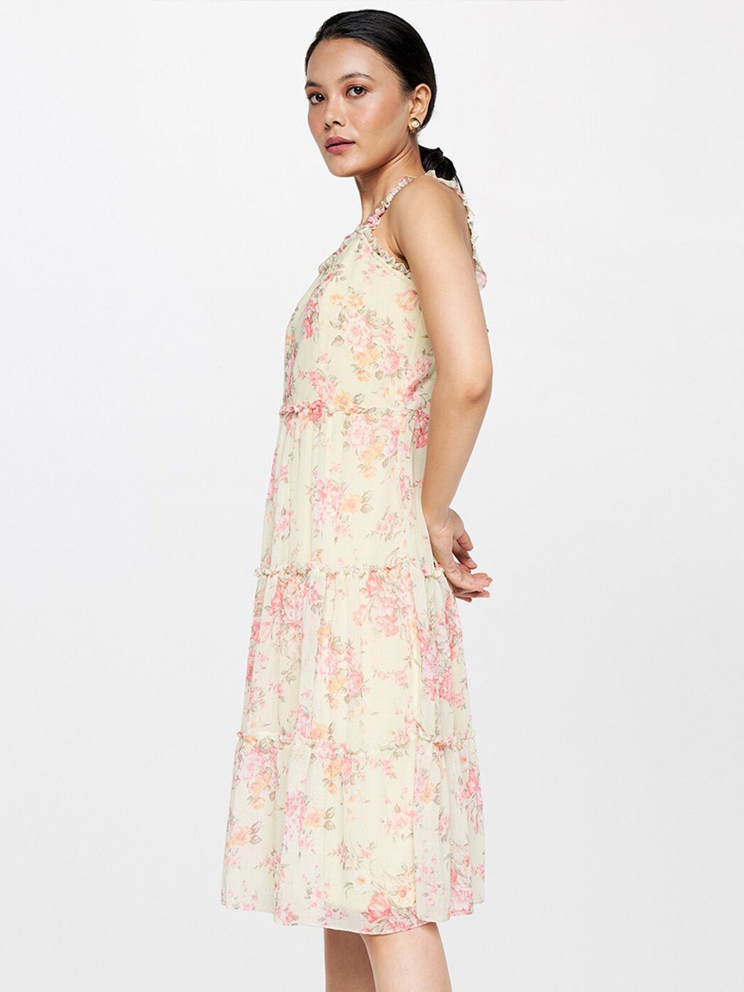 AND Floral Printed Shoulder Straps Gathered Tiered Fit & Flare Dress