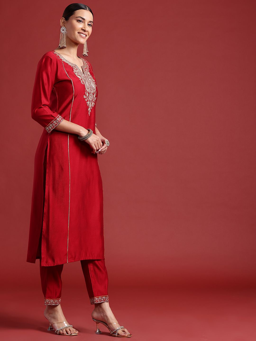 Indo Era Ethnic Motifs Yoke Design Zari Panelled Liva Kurta With Trousers & Dupatta
