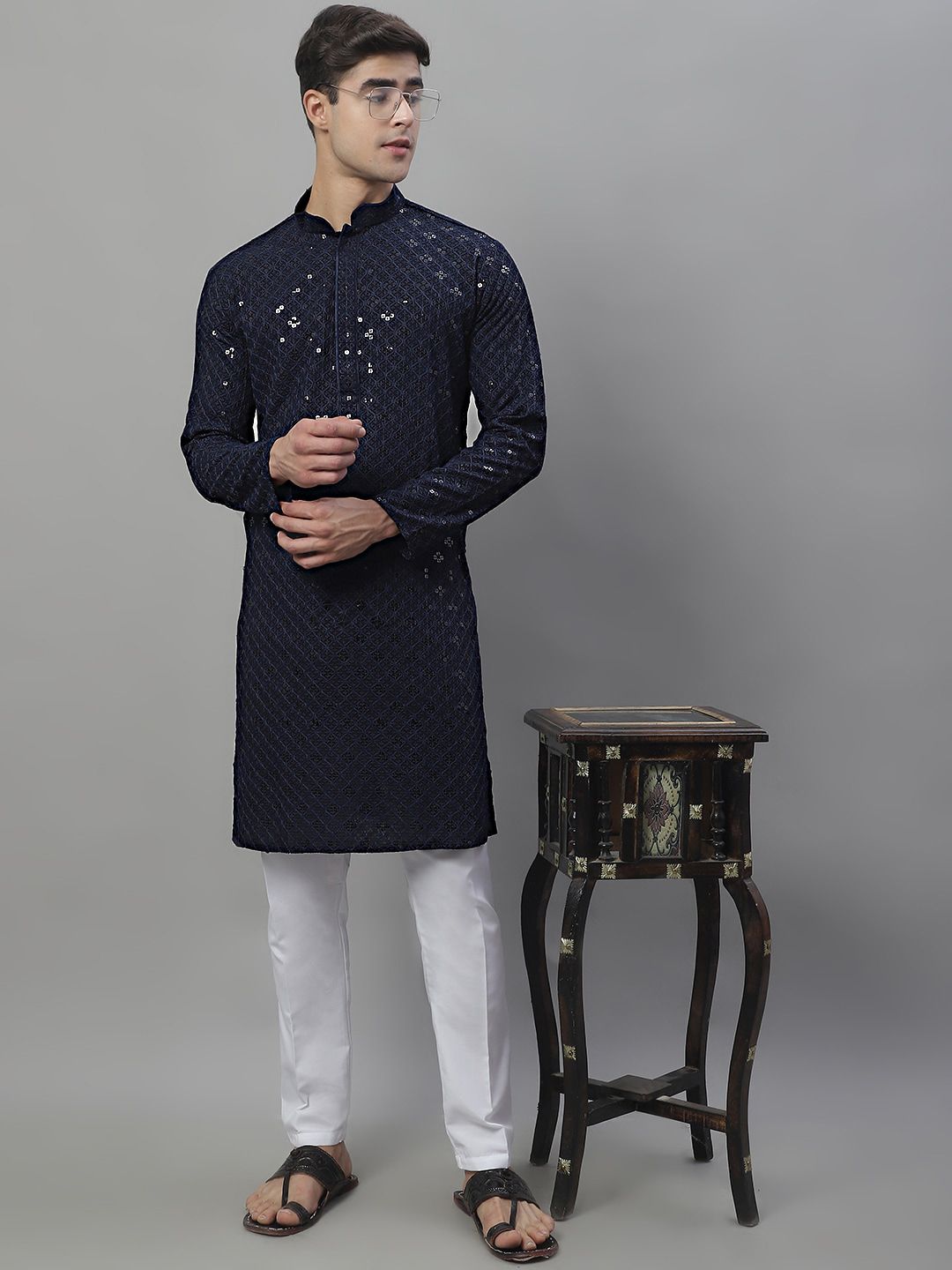 Jompers Geometric Chikankari Embroidered Kurta With Pyjamas