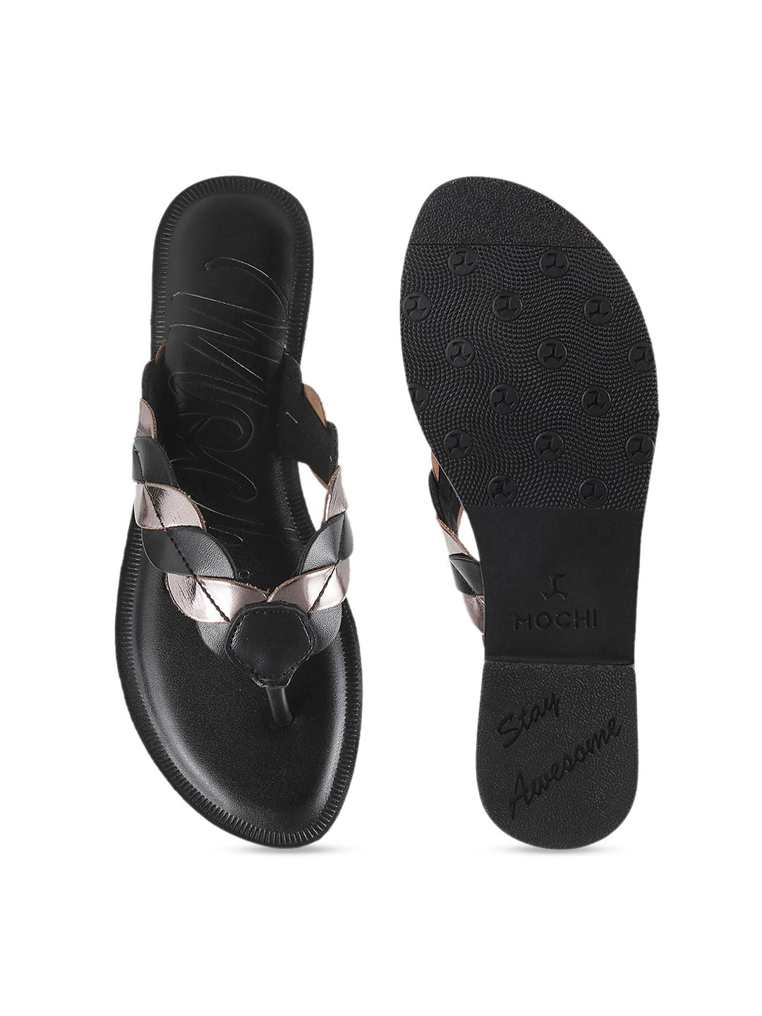 Mochi Women Black Colourblocked T-Strap Flats