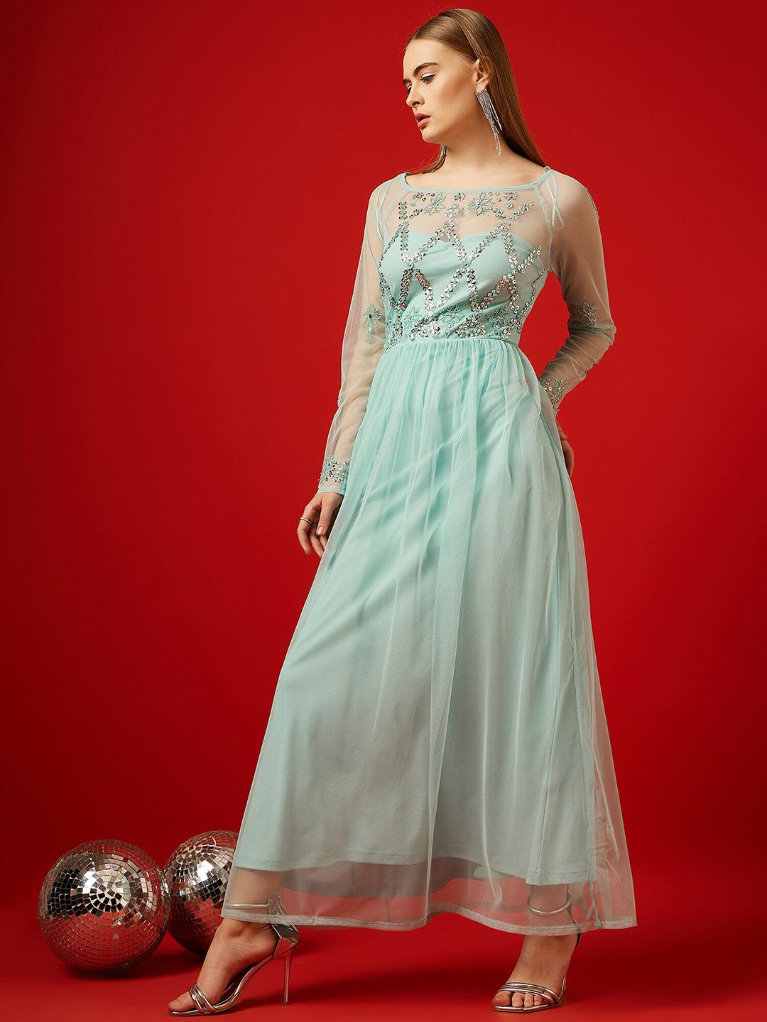 STREET 9 Turquoise Blue Embellished Net Maxi Dress