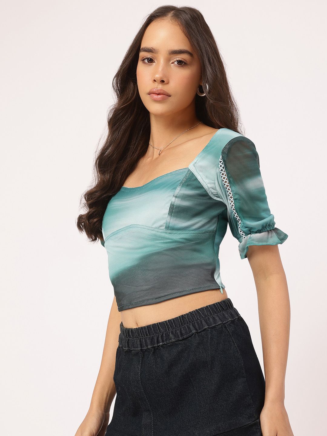 DressBerry Mesh Magic Tie & Dye Lace Insert Crop Top