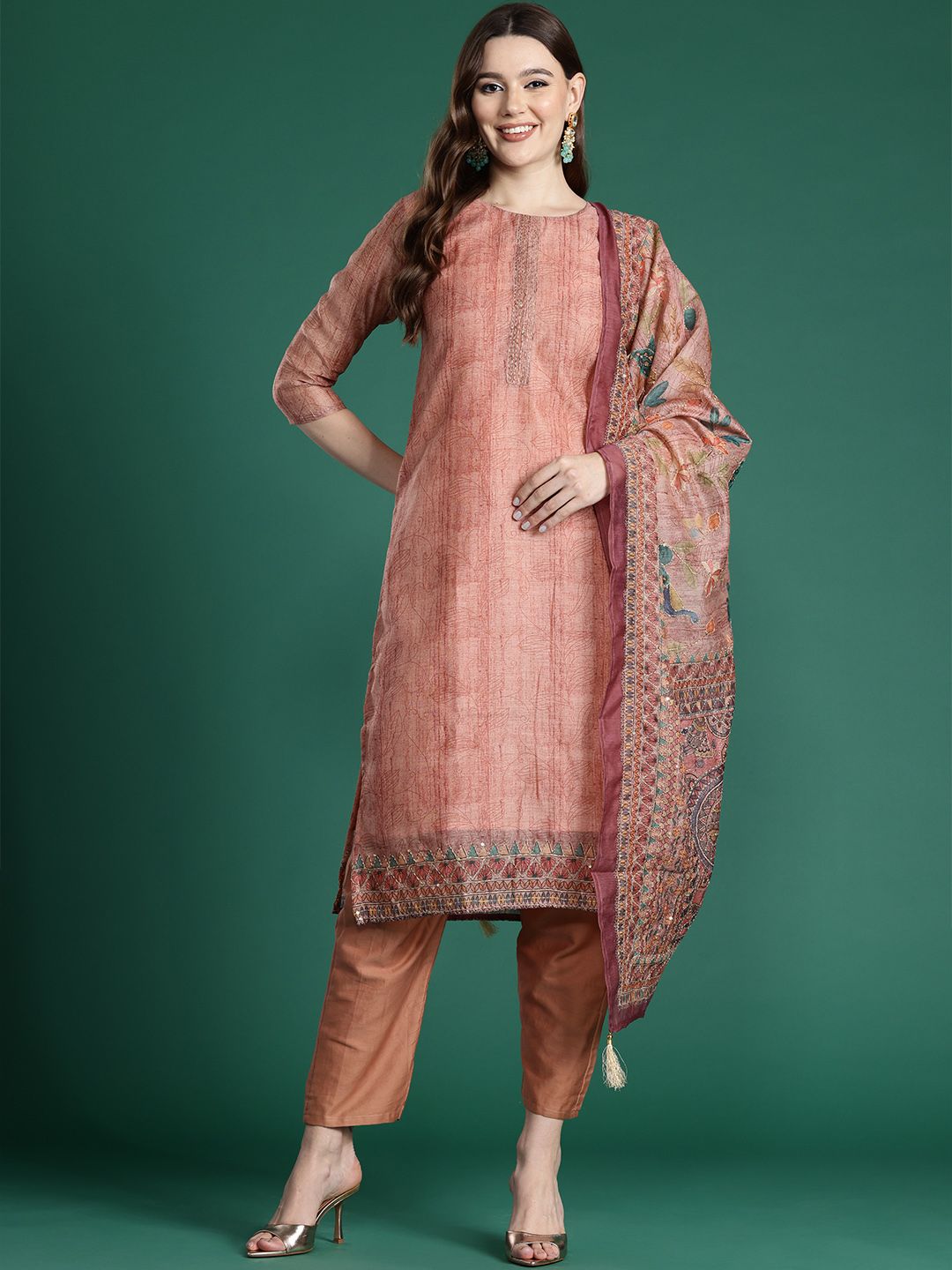 Indo Era Ethnic Motifs Printed Thread Work Chanderi Silk Kurta With Trousers & Dupatta