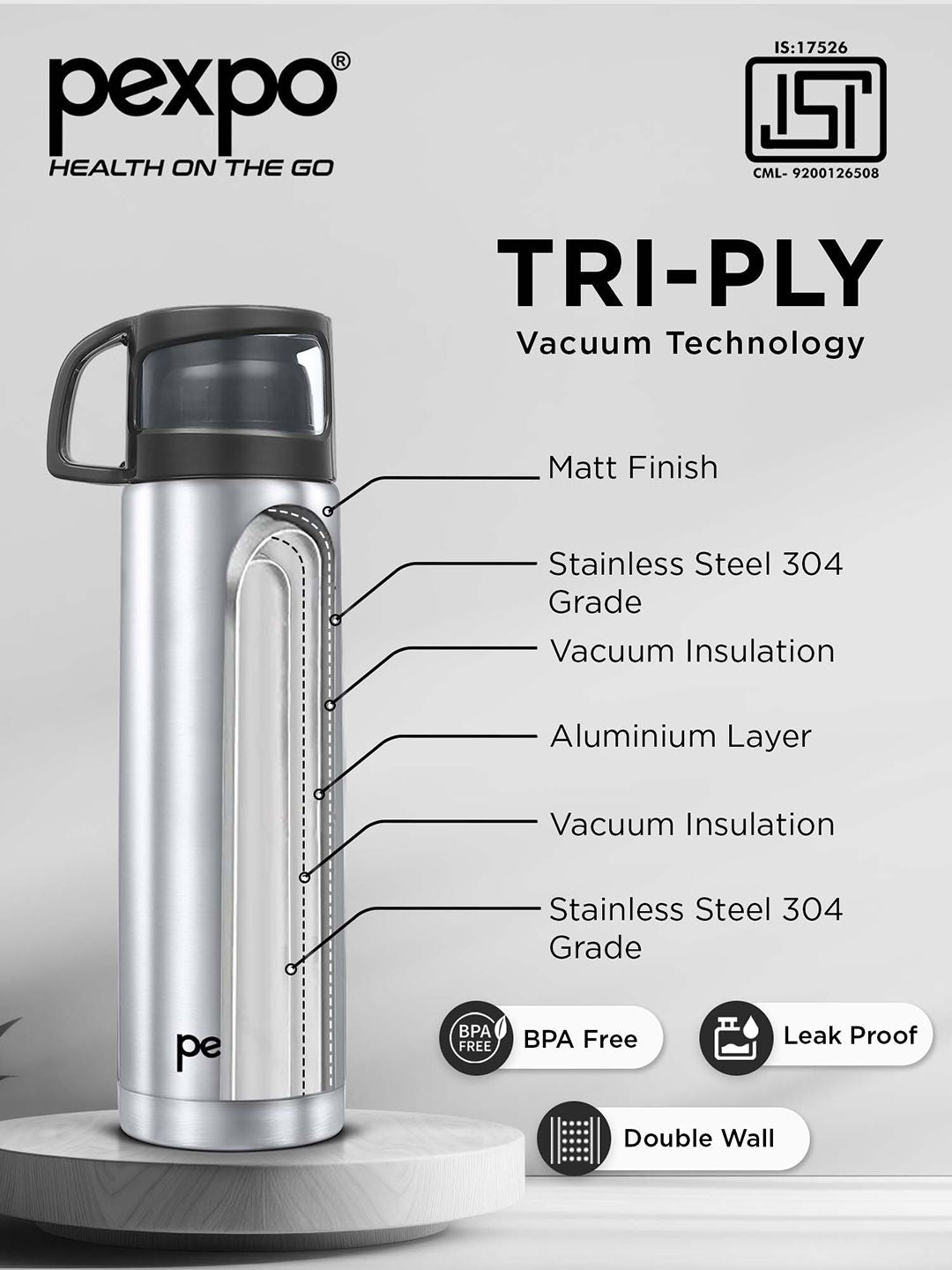 Pexpo Fererro Silver-Toned ISI Certified Thermosteel Hot flask Insulated Water Bottle 1L