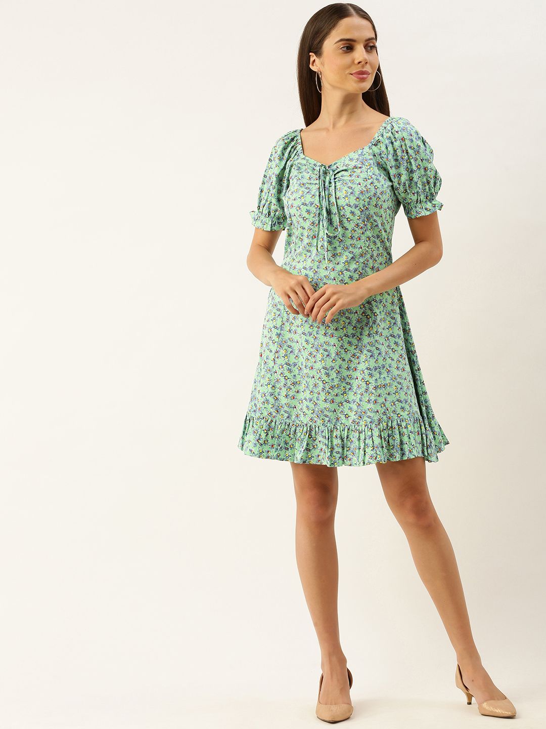 Berrylush Women Green & Blue Floral Printed A-Line Dress with Tie-Up Detail