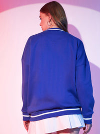 STREET 9 Blue Typography Printed Drop Shoulder Pullover Fleece Sweatshirt