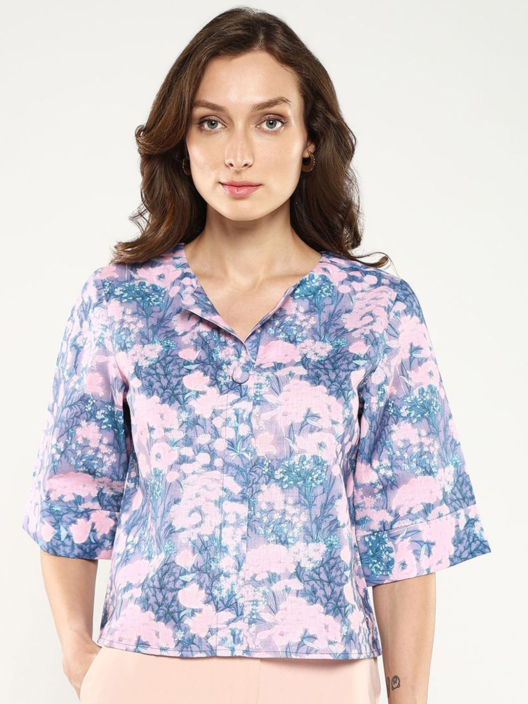 Rareism Cetakan Floral Flared Sleeve Styled Back Top
