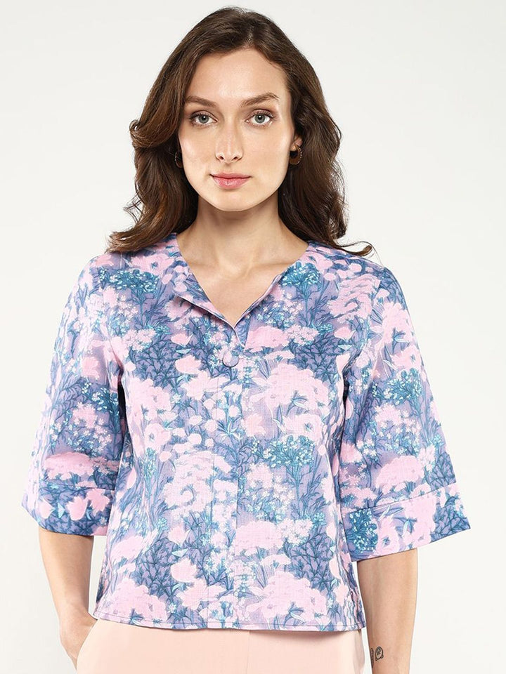 Rareism Cetakan Floral Flared Sleeve Styled Back Top