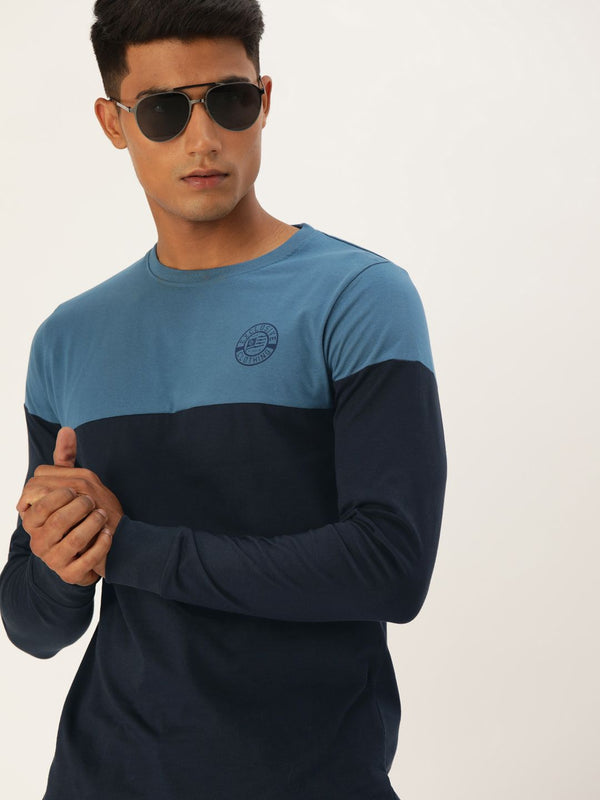 Difference of Opinion Men Navy Blue Colourblocked Round Neck Pure Cotton T-shirt
