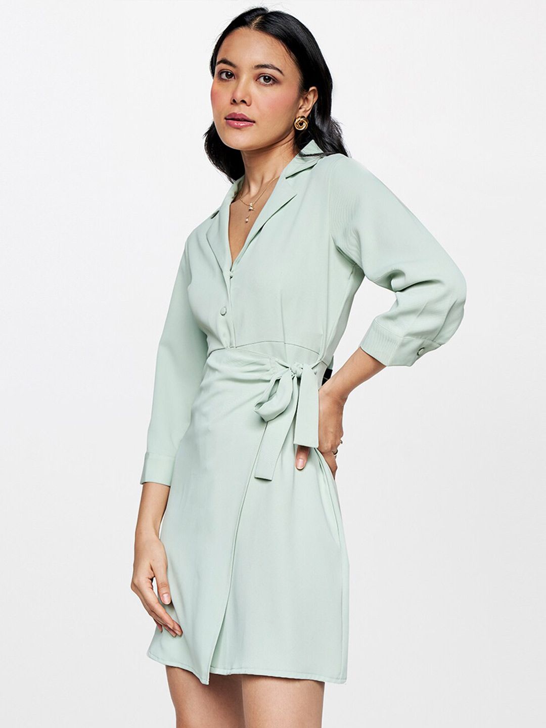 AND Lapel Collar Tie-Ups Wrap Mini Dress