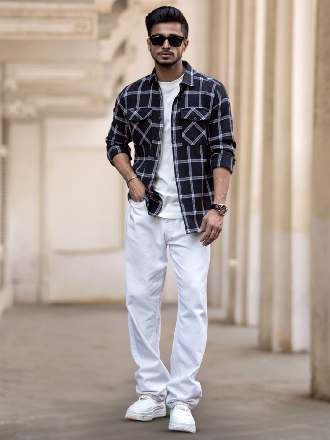 Powerlook Men Spread Collar Tartan Checked Cotton Casual Shirt