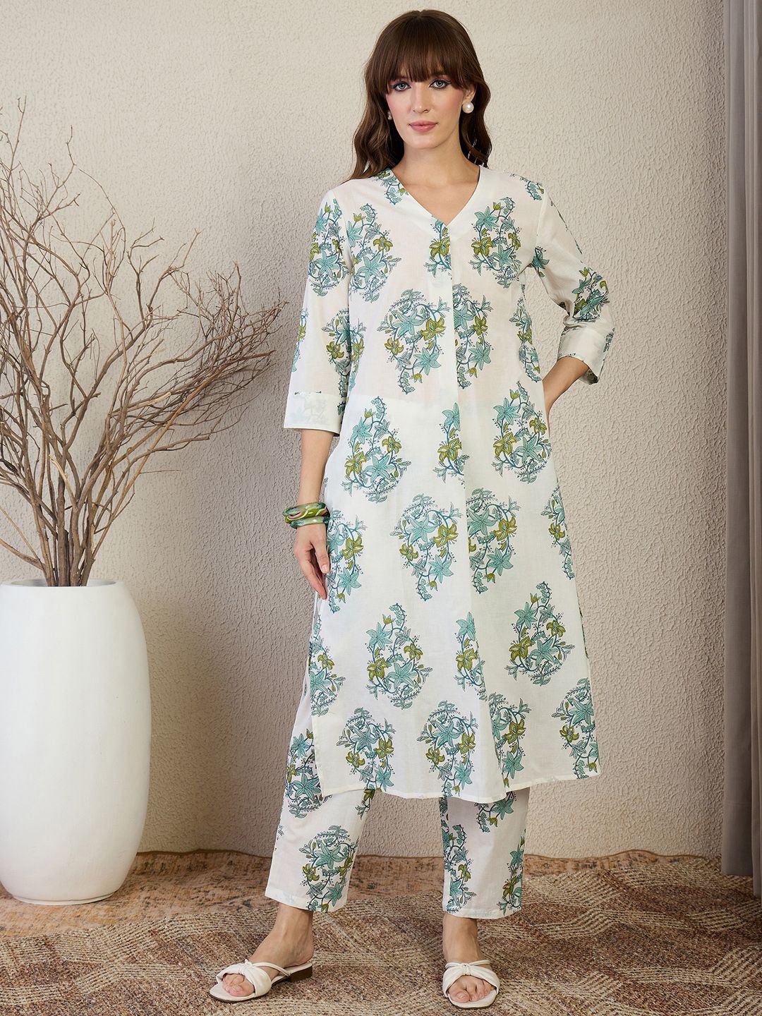 Indo Era Floral Printed V Neck A Line Pleated Pure Cotton Kurta With Trousers