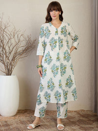 Indo Era Floral Printed V Neck A Line Pleated Pure Cotton Kurta With Trousers