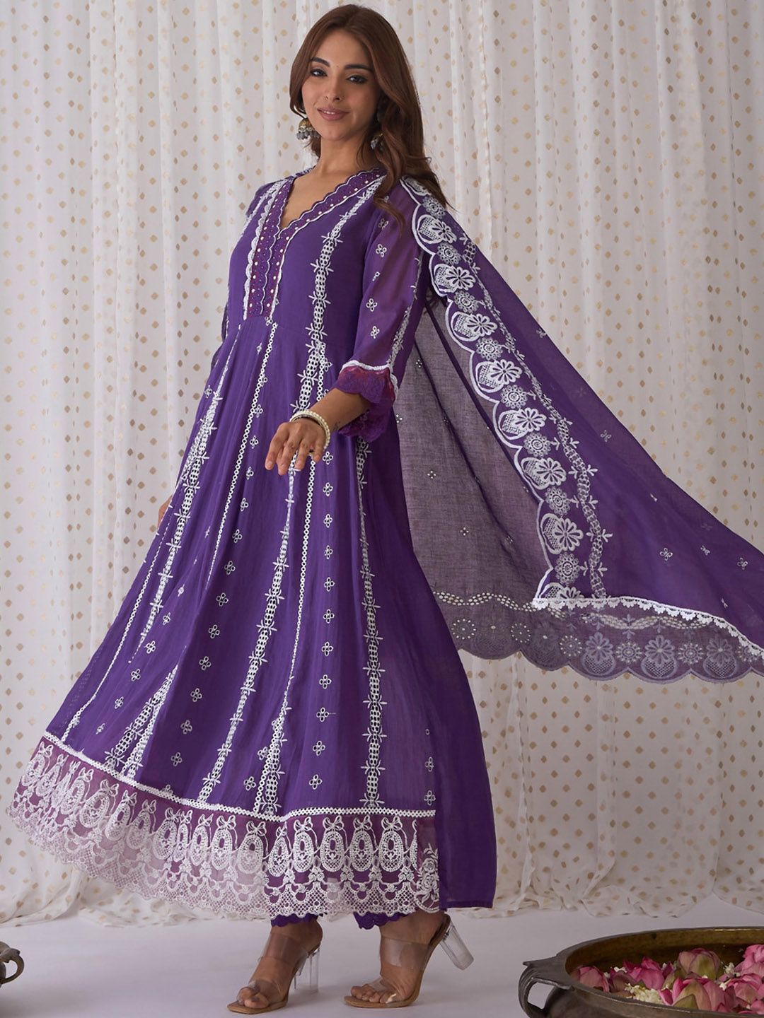 Indo Era Ethnic Motifs Embroidered V-Neck Pure Cotton Kurta with Trousers & Dupatta