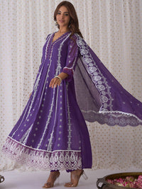 Indo Era Ethnic Motifs Embroidered V-Neck Pure Cotton Kurta with Trousers & Dupatta