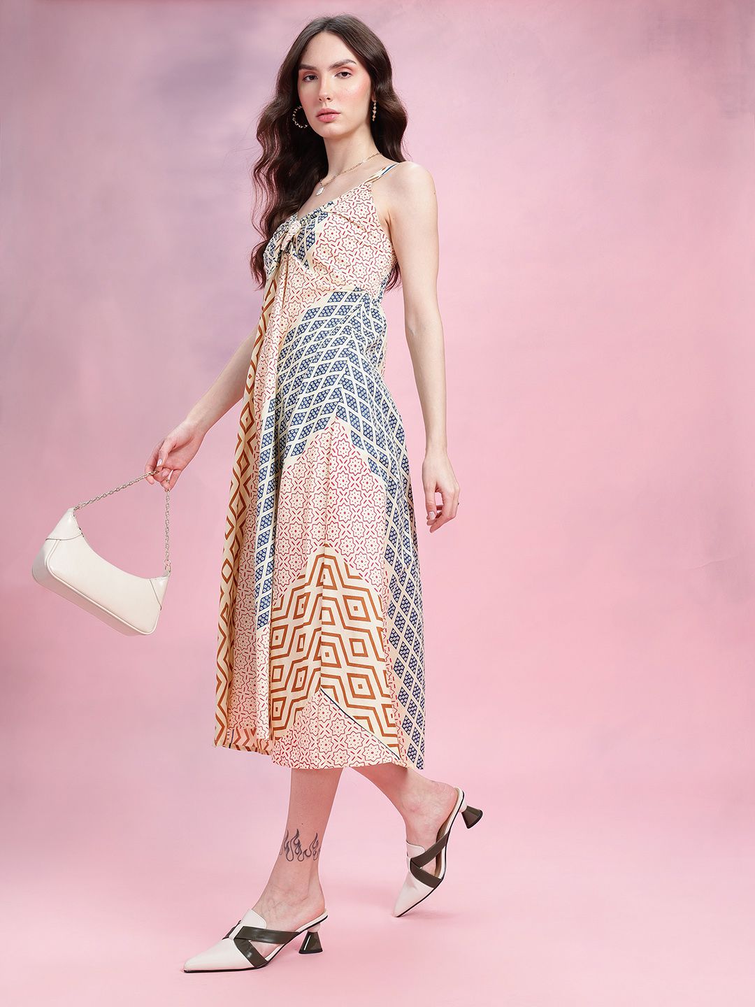 DressBerry Print Knot Detail Pure Cotton A-Line Midi Dress
