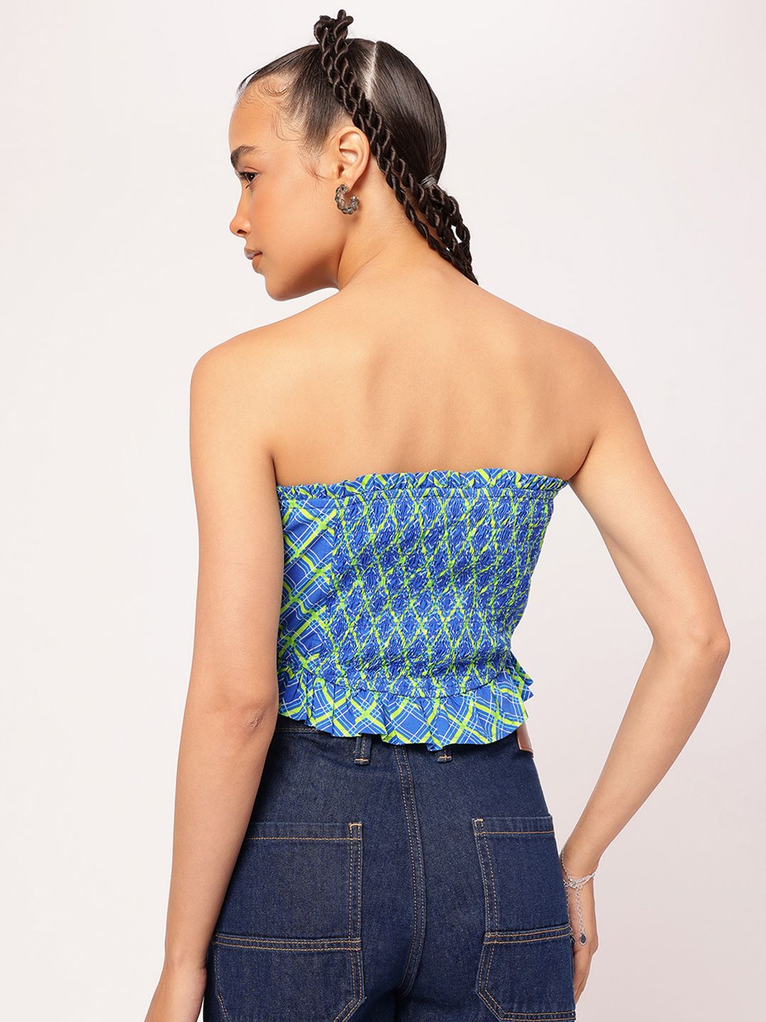 DressBerry Grid It Out Ruffled Cotton Crop Bardot Top