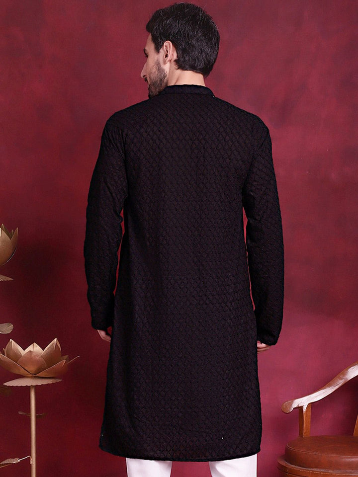 Jompers Geometric Embroidered Band Collar Pure Cotton Chikankari Straight Kurta