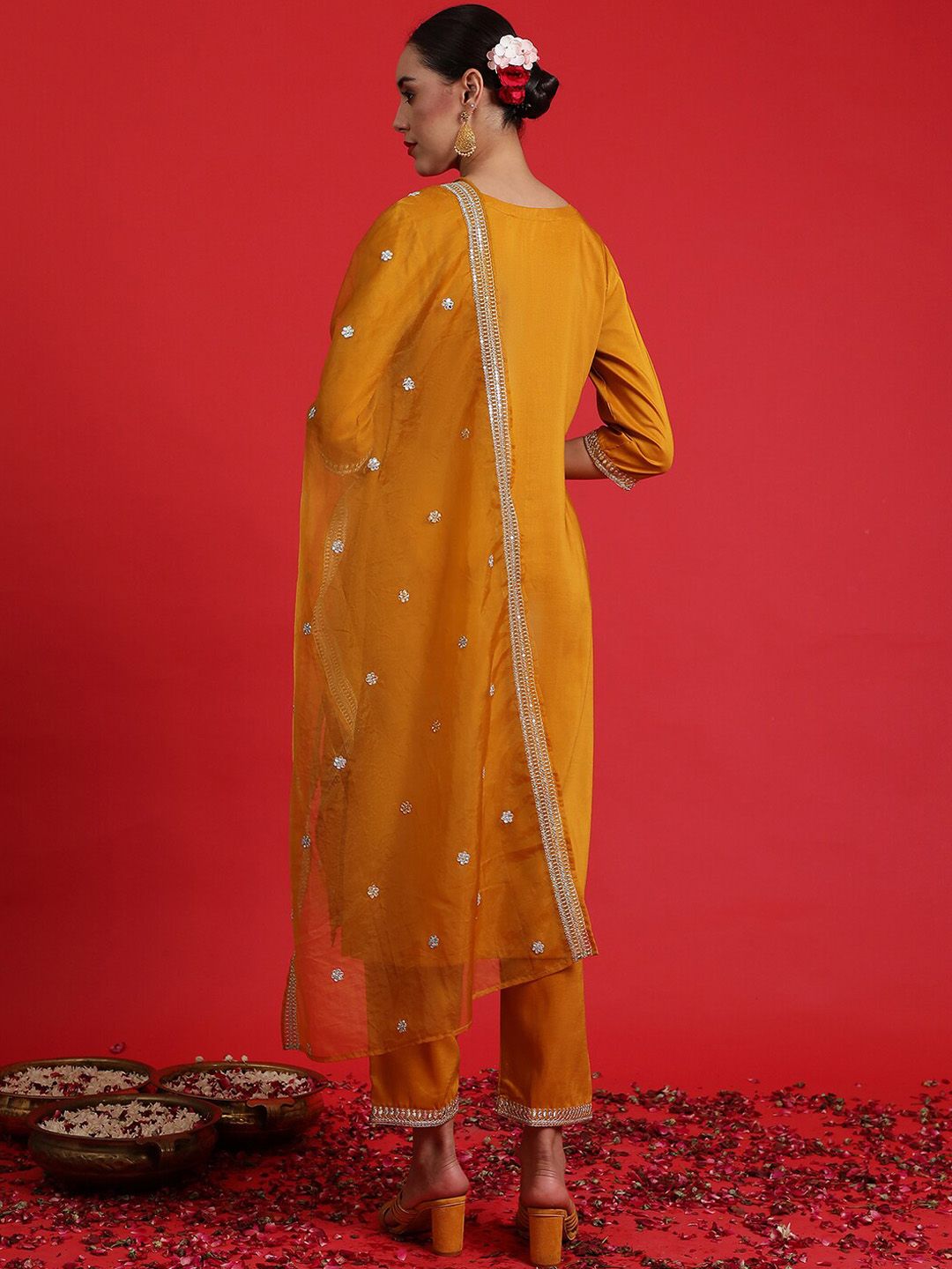 Indo Era Ethnic Motifs Embroidered Sequinned Straight Kurta & Trousers With Dupatta