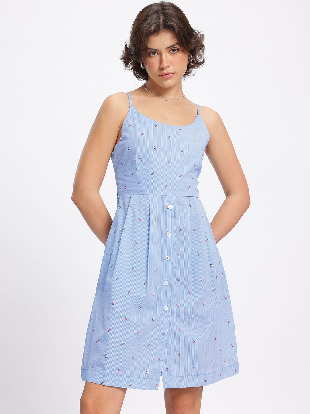 DressBerry Youthful Charm Striped Ditsy Print Pleated A-line Dress with Styled Back