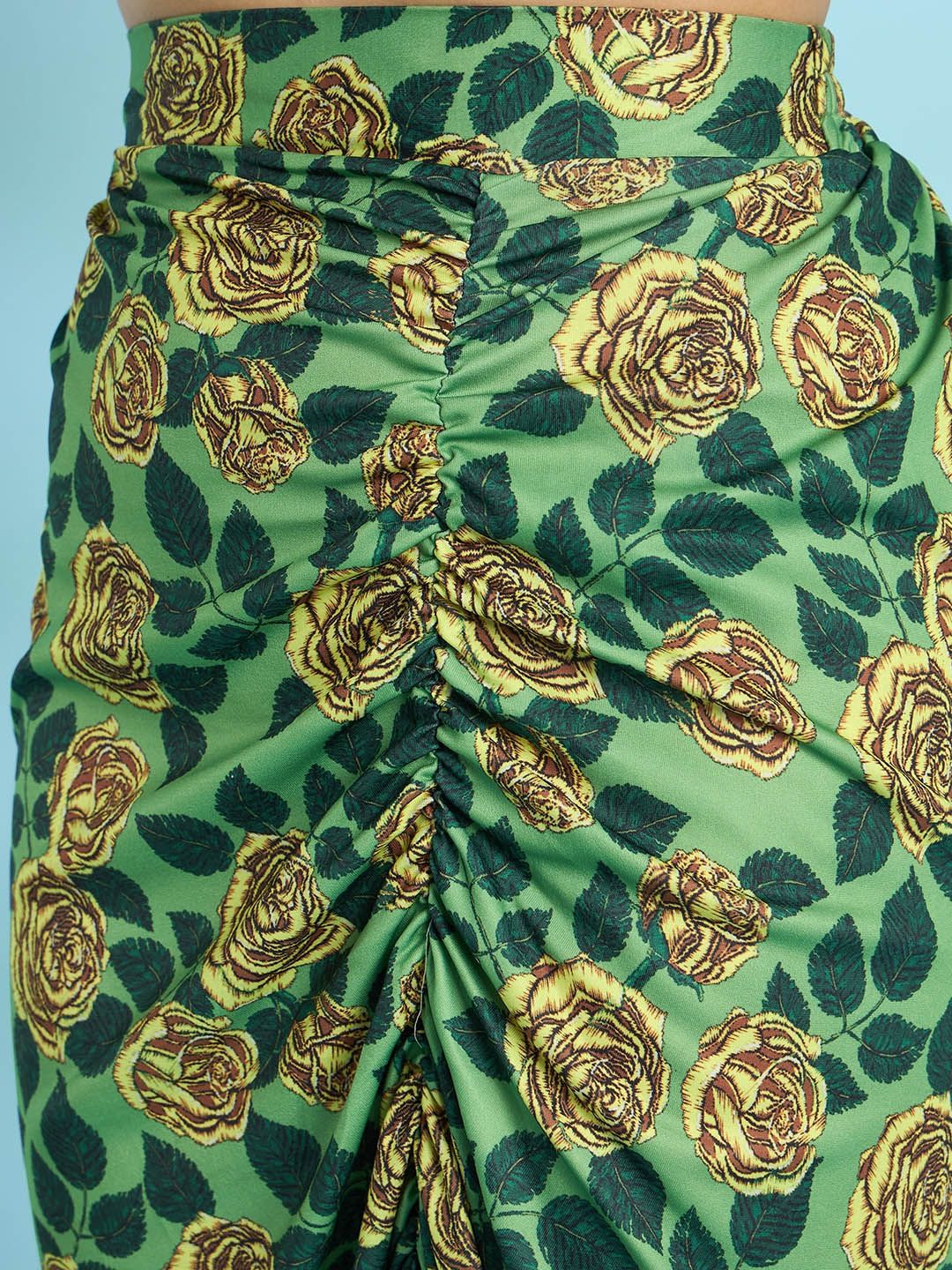 Antheaa Green Flared Sleeves Smocked Crop Top With Skirt