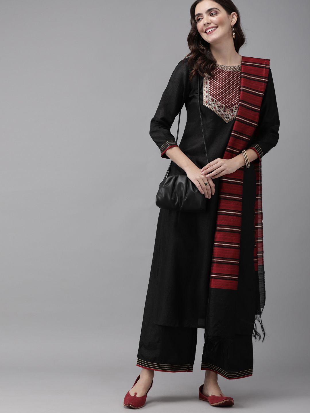 Indo Era Women Black & Maroon Yoke Design Kurta with Palazzos & Dupatta