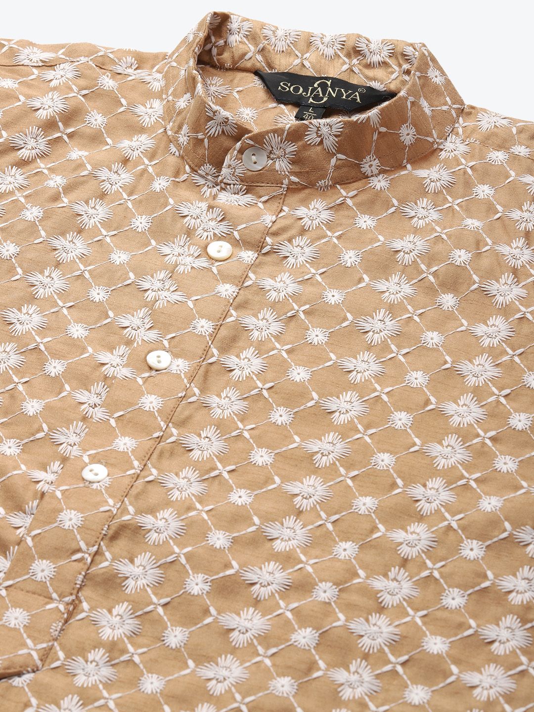SOJANYA Men Beige & White Embroidered Kurta