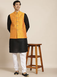 SOJANYA Lelaki Motif Etnik Hitam Chikankari Kurta Kapas Tulen dengan Jaket Churidar & Nehru