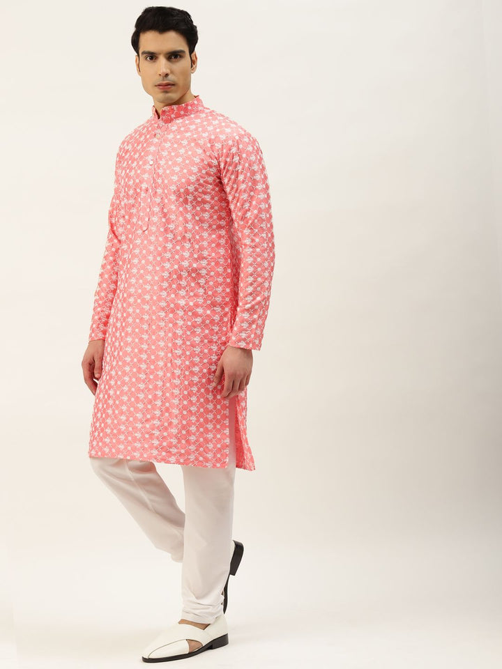 SOJANYA Men Pink & White Embroidered Thread Work Kurta with Churidar & Nehru Jacket